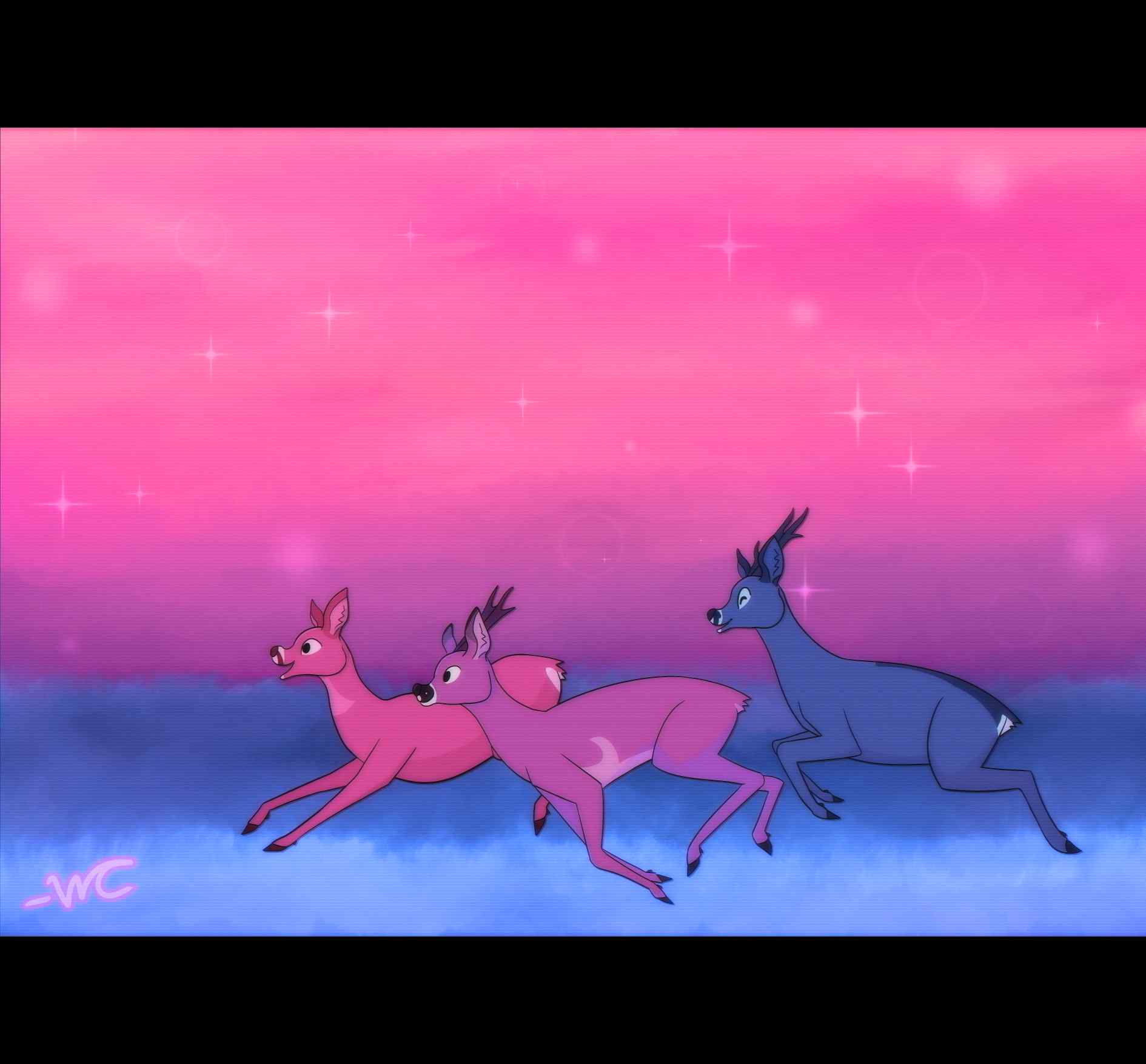 A trio of cartoon roe deer- each one a colour of the bisexual flag- prancing along a field. The background is also coloured like the bisexual flag; blue grass, a pink and purple sky. The whole image has filters and resembles an old screenshot. It also resembles vaporwave aesthetics. 